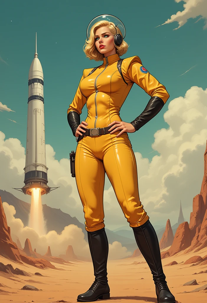 full body shot 。1940's pop art。beautiful pin-up girl。short blonde hair blue eyes red lips Barbarella astronaut girl large spherical glass helmet, yellow leather spacesuit, black leather boots standing on an alien planet in front of a space rocket