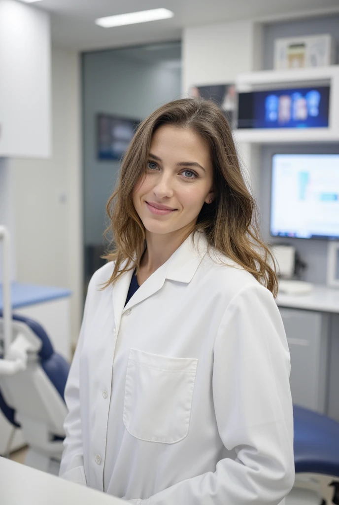 Selfie of 30 years old slim woman with long brown hair and blue-grey eyes and medium sized breasts, wearing a fitted white lab coat. She’s standing next to a patient chair in a modern dental office with sleek white cabinetry and a display of dental products in the background. The photo is taken at arm’s length, capturing her confident, professional expression under the clinic’s bright LED lights.