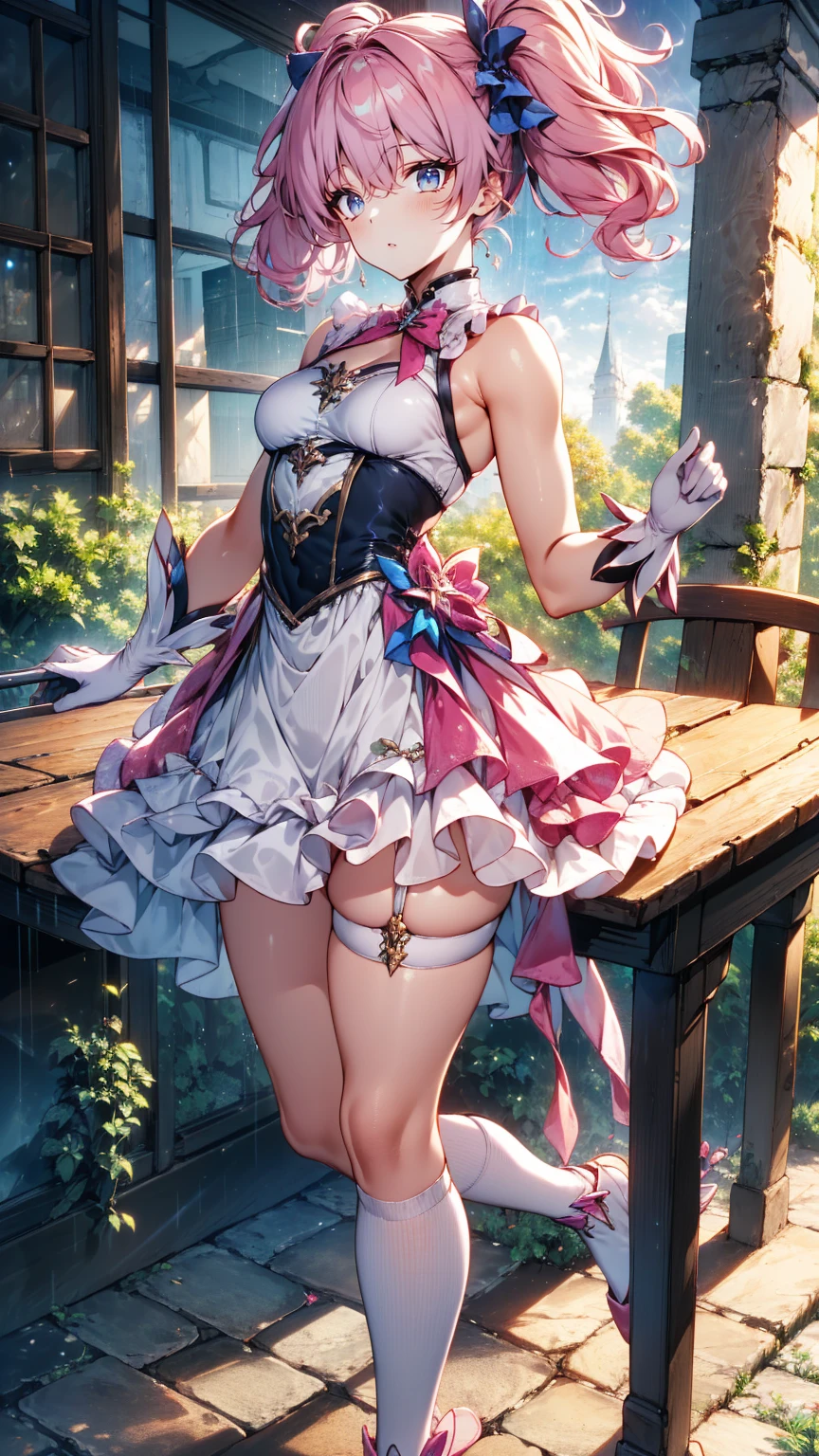 (    Highly Detailed Eyes ), (((Fabric Shading))), ((( Nothing on  ))), (((  table top))), (((super fine CG))),   depth of written border , ******, (((  Magical Girl))), (  small), (  small breasts),   pink hair, ((  short hair )), pink eye, (((   Vivid and colorful   ,  Sleeveless Satin Dress ))),   pink satin skirt  ,  Pleated skirt , ((  elbow gloves )),   long gloves,  White satin gloves  ,   white garter belt ,   White Satin Knee Socks  , White satin color, Pink Satin Bow Chest , (((非常に詳細で Ultra Glossyのあるサテンの衣服))), ((( Ultra Glossy, Smooth Satin Gloves))), (((  game cg))), ((Nearby sky, Old ruins)), ((Heavy Latex Rain)), ((Narrow Passage)), (  manly, anger, discovery, side)
