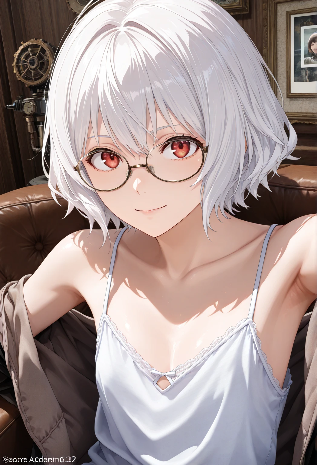 (ultra realistic photo, raw photo, portrait, Realism, 3D rendering, from movie stills, blender render, art academia, main artwork, soft lines,   steampunk)、I want a picture of someone reading a manga book while sitting and wearing glasses, red eyes, ((saggy camisole, small chest cleavage, saggy clothes, armpit peek)), white hair, short hair, 