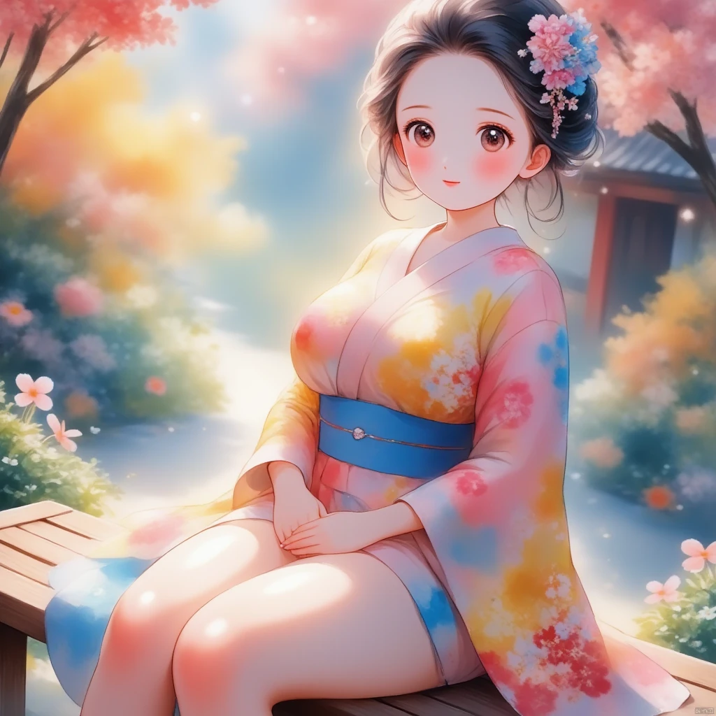 a close up of a woman in a kimono sitting on a bench, in kimono, in a kimono, wearing kimono, Japanese model, wearing a kimono, wearing royal kimono, kimono, young and sensual photo idol, , (huge breasts) pale and colored kimono, young and beautiful photo idols, elegant photo idols, young and slim photo idols, Sakimichan HDRI, Japanese goddess
