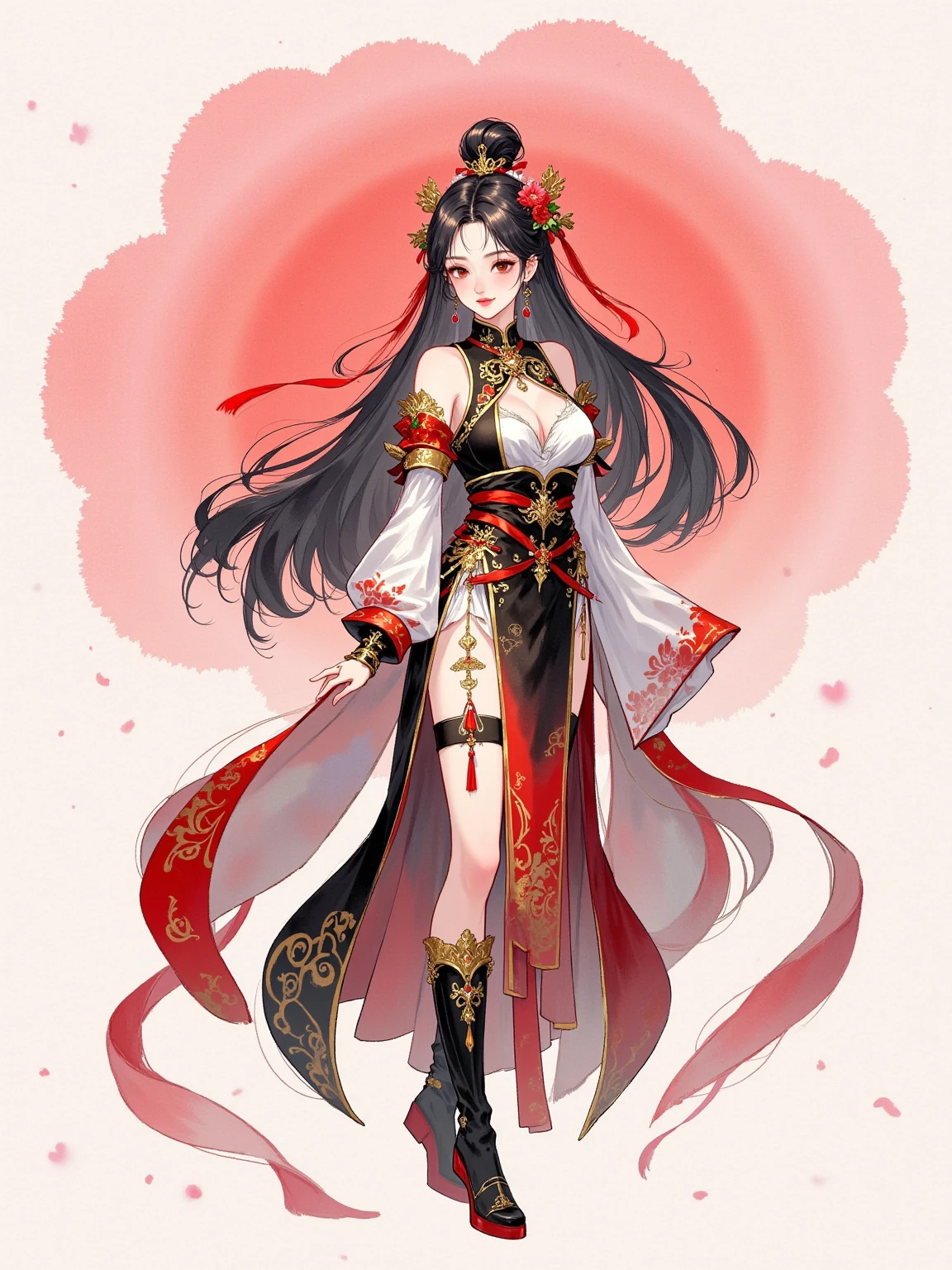 a painting of a woman with long hair and a flower in her hand, korean art nouveau anime, japanese goddess, flowing hair and long robes, anime fantasy illustration, inspired by Sōami, akira from chinese mythology, japanese art style, a beautiful kitsune woman, inspired by Nōami, inspired by Tsukioka Yoshitoshi, autumnal empress