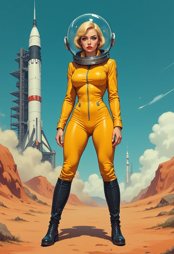 full body shot 。1960's movie acvarel poster。beautiful pin-up girl。short blonde hair blue eyes red lips Barbarella astronaut girl large spherical glass helmet, yellow leather spacesuit, black leather boots standing on an alien planet in front of a space rocket