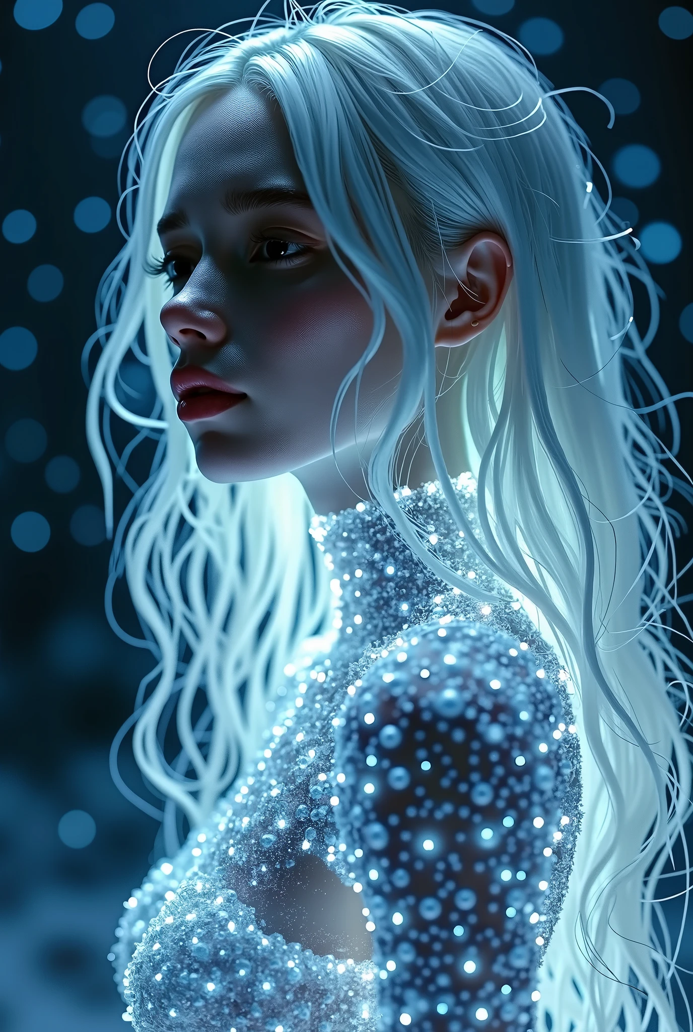 highdefinition images、Pro Work 、Artistic、's greatest masterpiece、( Illuminated by Strong Light , ( surreal atmosphere , Fantastic、 digital art) , dramatic lighting , Detailed texture、 upper body、( A Pale Ice World ))、(pitch-dark background below freezing、 Shining Like Ice 、 Clear Skin,、 silver hair, Pure white skin、Ice Girl)
