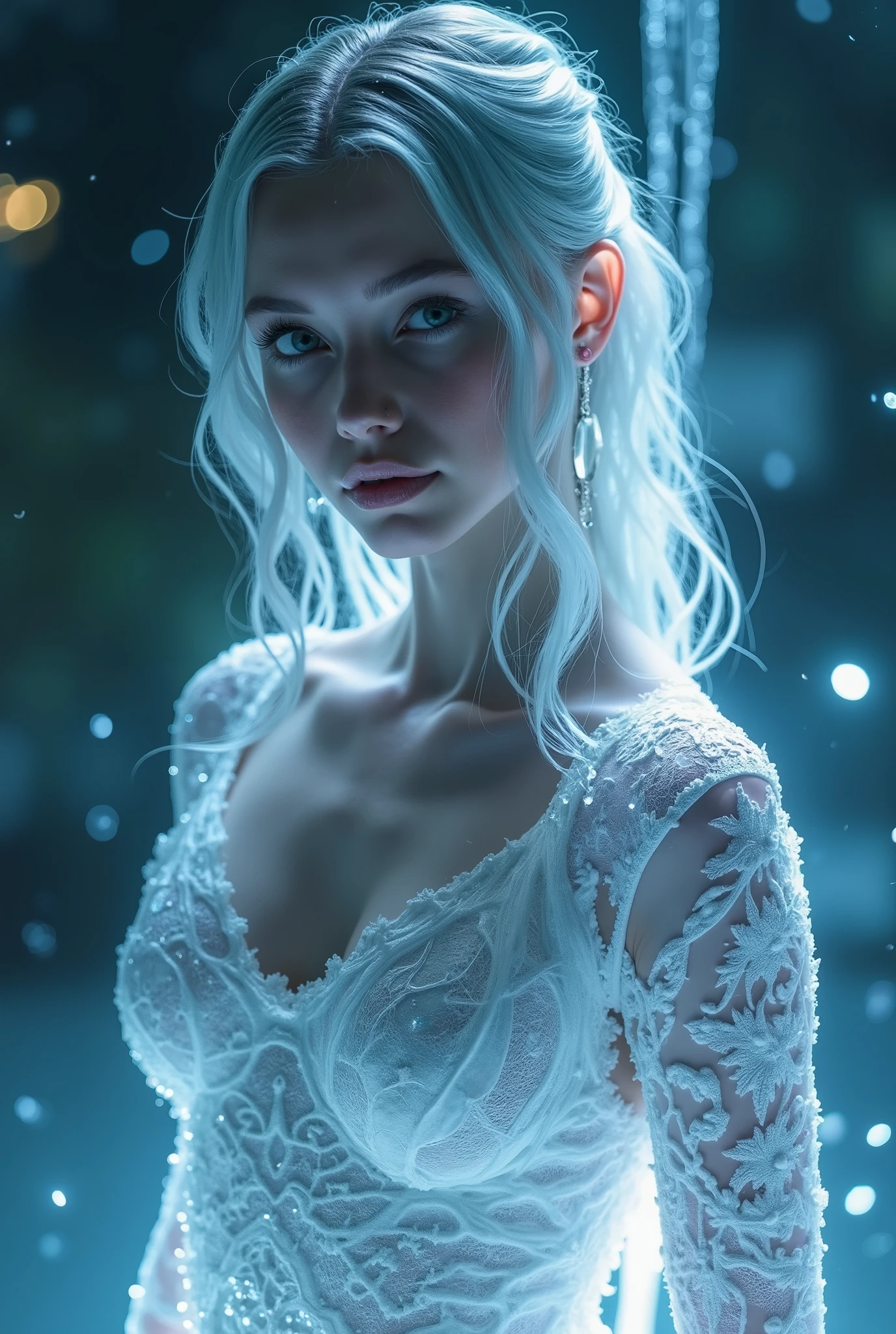 highdefinition images、Pro Work 、Artistic、's greatest masterpiece、( Illuminated by Strong Light , ( surreal atmosphere , Fantastic、 digital art) , dramatic lighting , Detailed texture、 upper body、( A Pale Ice World ))、(pitch-dark background below freezing、 Shining Like Ice 、 Clear Skin,、 silver hair, Pure white skin、Ice Girl)