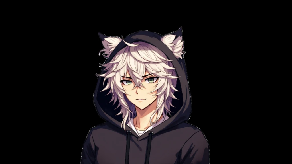 human boy ,(wolf boy,purple eyes),(white and purplew hair),hair length abof neck below ers,(purple,ears,tail),(red,black,clothes),(fur collar jacket),(dog collier),detailed eyes,hair is stil,no landscape,high contrast colors,Live2D art