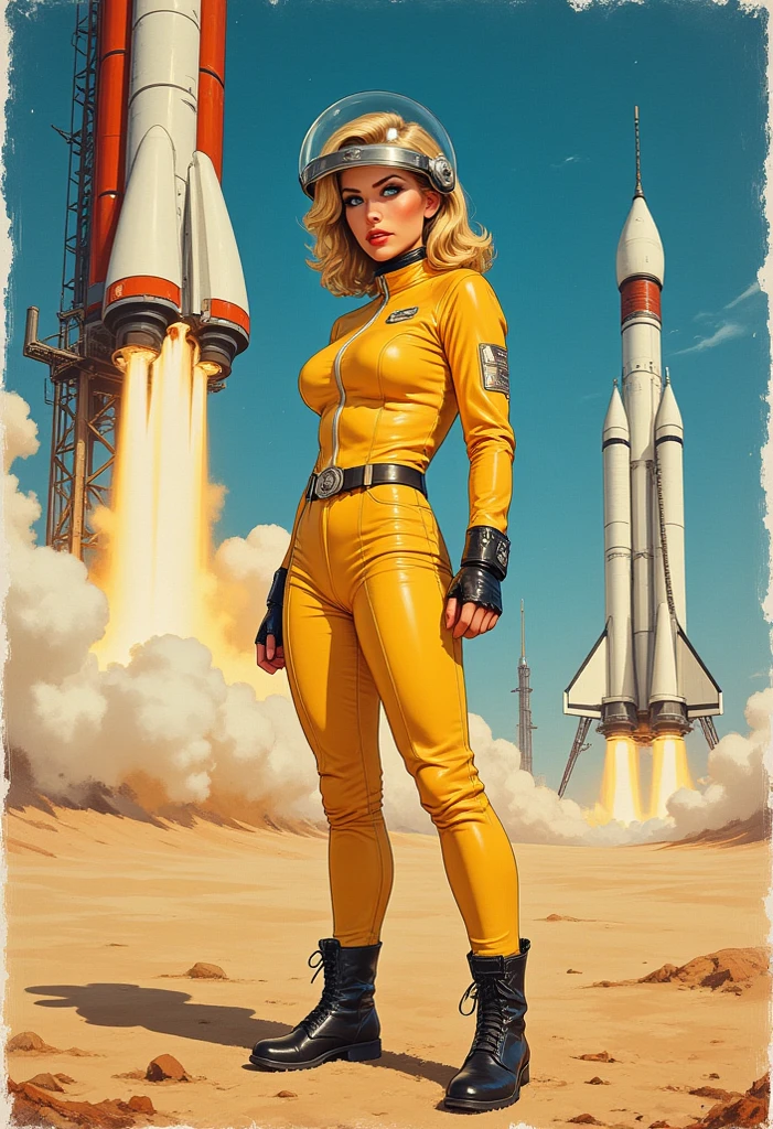 full body shot 。1960's movie watercolor advertising poster。beautiful pin-up girl。short blonde hair blue eyes red lips Barbarella astronaut girl large spherical glass helmet, yellow leather spacesuit, black leather boots standing on an alien planet in front of a space rocket