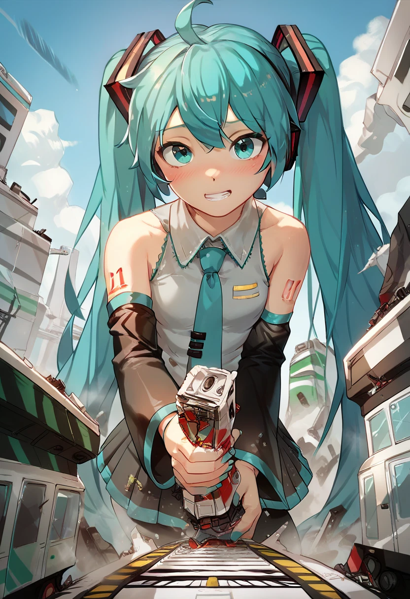  hatsune miku ,Has a penis,  giant_ to masturbate, The train has penetrated , City Destruction, break， masturbates,By train ，  cute face，  viewer ，，mischief,About 20 meters tall