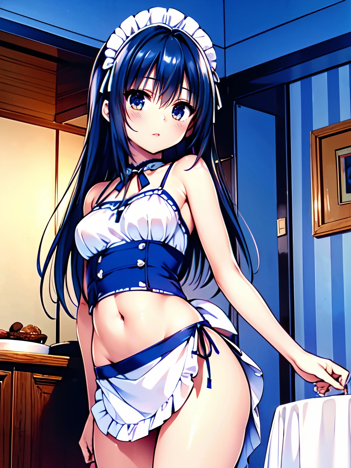 solo girl, (head dress)maid, (large breasts), (cobalt blue)(bikini)(micro bikini)(bikini top only), narrow constricted waist, (bare hips), (small hips), (thin hips), (bare thighs), (waist apron)white, (no skirt), black hair, (hands hidden), white ribbon, dining room