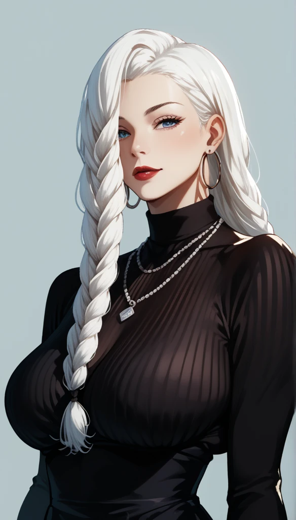 score_9, score_8_up, score_7_up, score_6_up, score_5_up, score_4_up, mei mei , blue eyes, white hair braid, large breasts, necklace,big oversized hoops earrings ,red lipstick , detailed eyes , big saggy breasts,black t shirt, cleavage ,navel piercing
