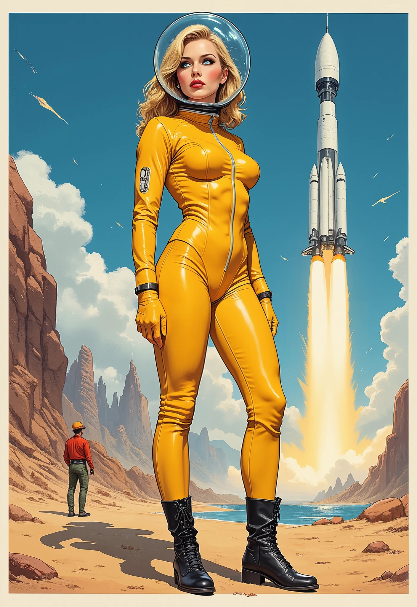 full body shot 。1960's movie watercolor advertising poster。beautiful pin-up girl。short blonde hair blue eyes red lips Barbarella astronaut girl large spherical glass helmet, yellow leather spacesuit, black leather boots standing on an alien planet in front of a space rocket