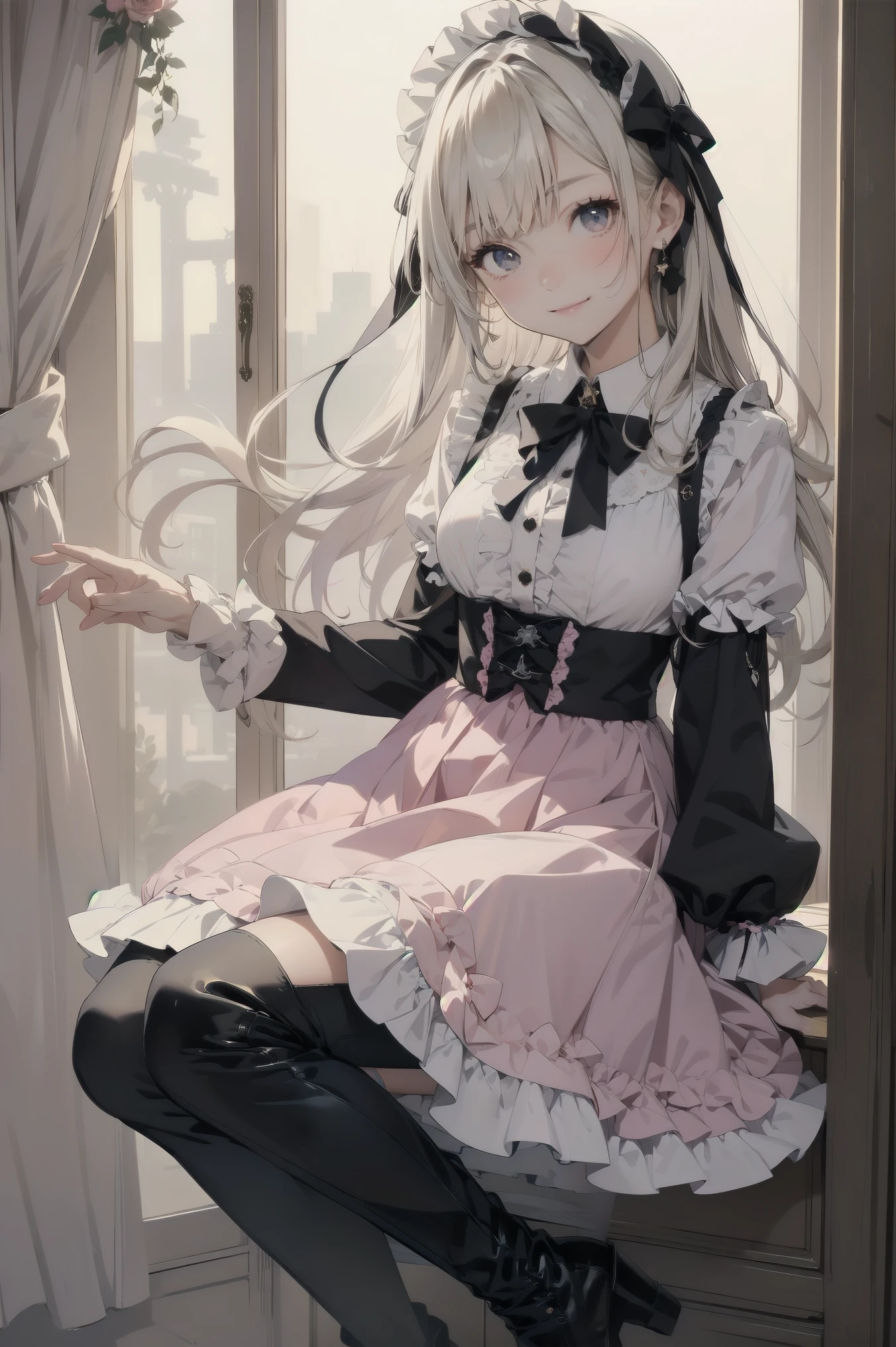 Beautiful Girls、とても cute天使、Pink Lolita Dress、 cute、smile、 Long Skirt、 Black Long Boots 、