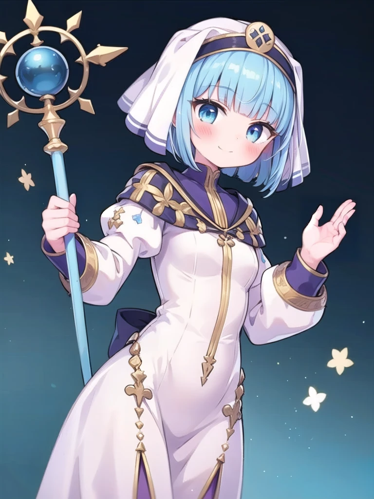 1girl, solo, masterpiece, best quality, good hands, blush, smile, closed mouth, blue eyes, silque, veil, dress, habit, nun, blue hair, short hair, long dress, white dress, long sleeves, holding magic staff, magic, juliet sleeves, cowboy shot