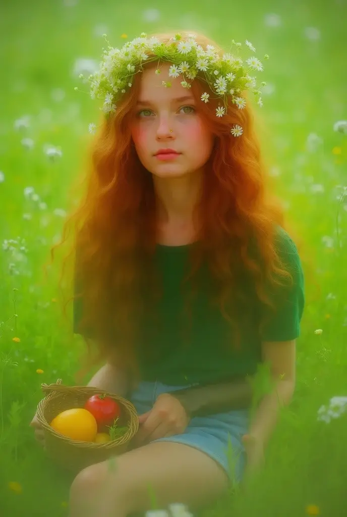 (girl:1.2),alone, (long ginger curly hair:1.1), brown eyes, Wearing a daisy wreath on your head, Sit in a daisy field, (fruit basket:1.1), blue shorts, red shirt,,raw,photographic,photo shadows,actual,Ridiculous,Aesthetic,elegant