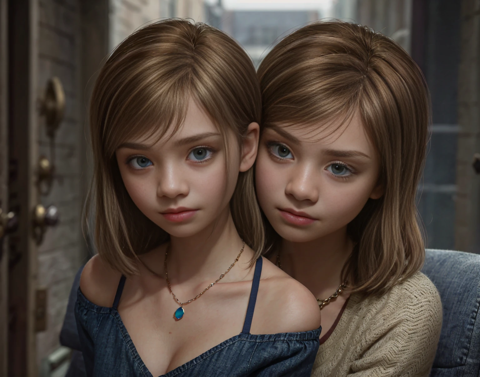 s0ph, solo,a woman with ((two heads:1.5)), ((conjoined_dicephalus)), cleavage, (cheeks rubbing together), close-up, (looking at viewer:1.3), close-up,medium length wavy hair,red hair,wearing sweater,city street,night,bokeh,(masterpiece:1.2),neon light,volumetric lighting,8k,highly detailed skin,pores,cinematic, ((huge blue eyes)), petit 