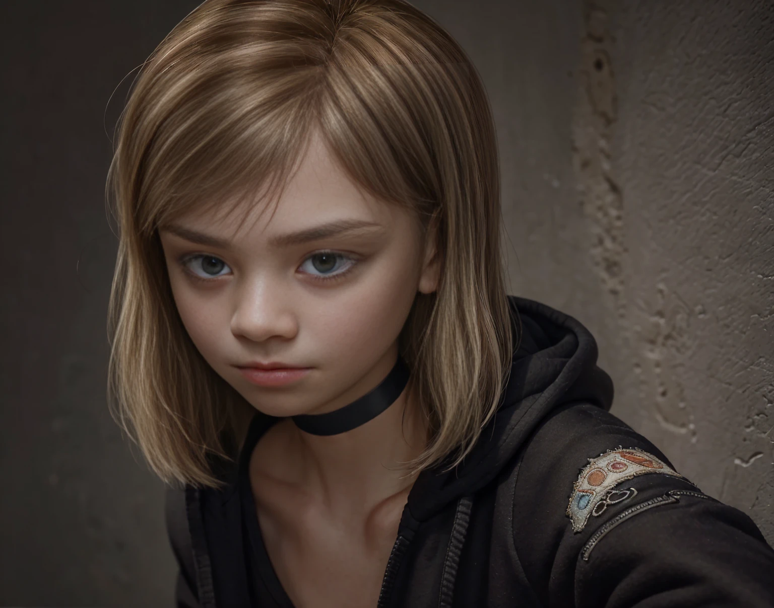 12 year old girl, long blonde straight hair, with black leather jacket and black clothing, in the photographic studio, with white infinite background, GREEN BACKLIGHT with many cds and vinyls on the floor, SOFT GREEN LIGHT.