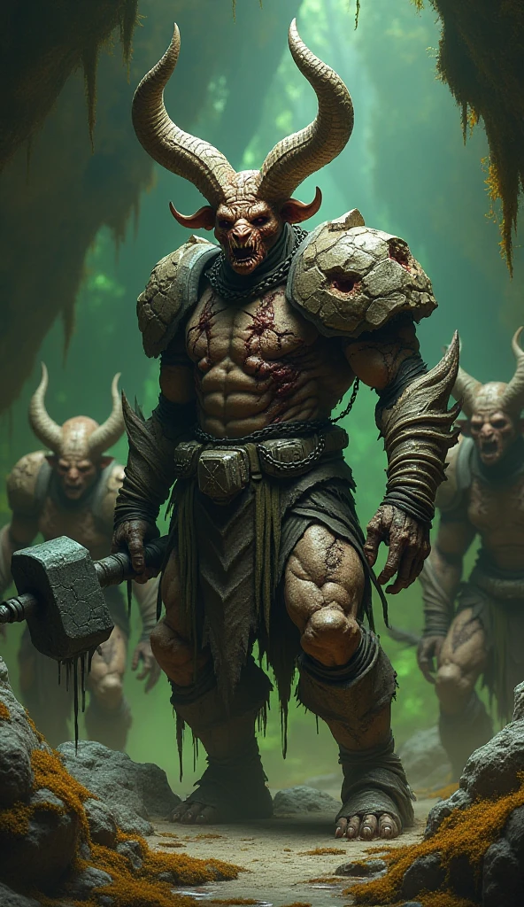 a massive,male orc, robust, mature orc warrior with green skin, sharp fangs, and a rugged, masculine appearance, wearing black leather Fundoshi and a harness, in a gritty, realistic digital art style, multiple similar orc characters in a tavern setting, dramatic lighting, highly detailed, cinematic composition, dark moody colors