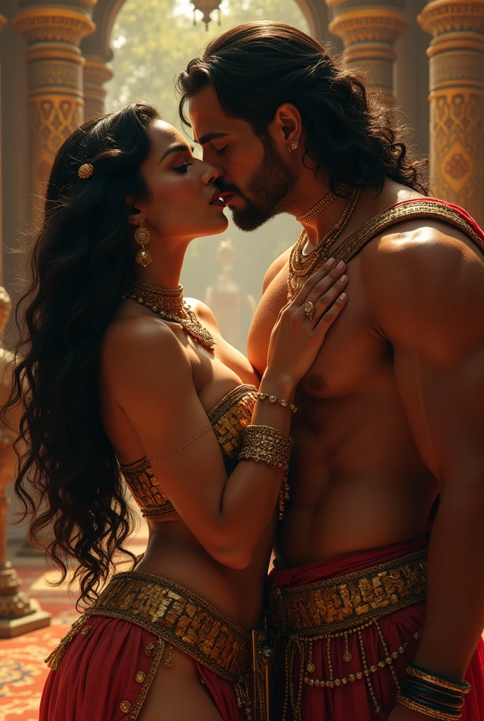 Digital photographic image of painted portrait of Indian Mythological Character Lord Sree Krishna with his lover Gopika((beautiful young girl)). from Mahabharata, long face and nose.((center to aligned with the main character)) Hrithik Roshan, ((Ancient Indian warrior prince)). ancient Indian, brown hair, ((Clean shaven face)) athlete, 30 years old Young, handsome, upper body, athlete body, fantasy, intricate, elegant, highly detailed, digital painting, concept art, smooth, sharp focus, illustration, art by William-Adolphe Bouguereau