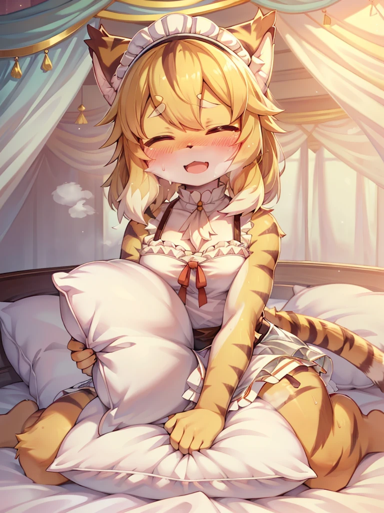 （masterpiece，best quality），mine, The Beast, , ( ））, 穿着Maid costume的可爱女孩在Pillow上摆姿势,，Maid costume，nature,, (blush),a smile，Pillow,（Lots of Pillow），Soft cushion，（canopy bed），（Pillow），Lots of Pillow，（Friction in the crotch），（（PillowCamel）），（A tail），（Around the protagonist），steam，（Pillow），（LuxuryPillow），（Palace Pillow Pattern Pillow），（palace），（Palace bedroom），（Gorgeous Pattern Pillow），Soft Pillow，，（Classical European style bedroom ），（excited，shy person，Lack of expressiveness，），pillow hump,，(Deluxe Rococo Canopy King Bed),Luxurious curtains with ornate ruffles and ribbons hang around the large bed.,((((The bed is piled with many Pillows)))),Quilt details,Detailed bed linen,Ruffled Bed Skirt,Deep Bed,Background with depth,((Pillow in detail)), ((((A Lot of Pillow))))，,，Detailed Soft Pillow,,((女孩正躺在许多Soft Pillow上,There are many Pillows around))，、、In a large canopy bed、Soft sheets and quilts、Colorful soft Pillow、Lots of Pillow、Soft toned bed、Ruffled curtains around the bed.。Delicate face，（Ornate pattern pillow），Soft pillow，，（ classical European style bedroom  ），（Excited face，Opened mouth，Shy，），，my，tiger girl，，sweaty，，（more pillows)，，Blushing，Shy,,MASTURBATING WITH PILLOW,pillow humping, crotch rub,Exhale hot air，steam