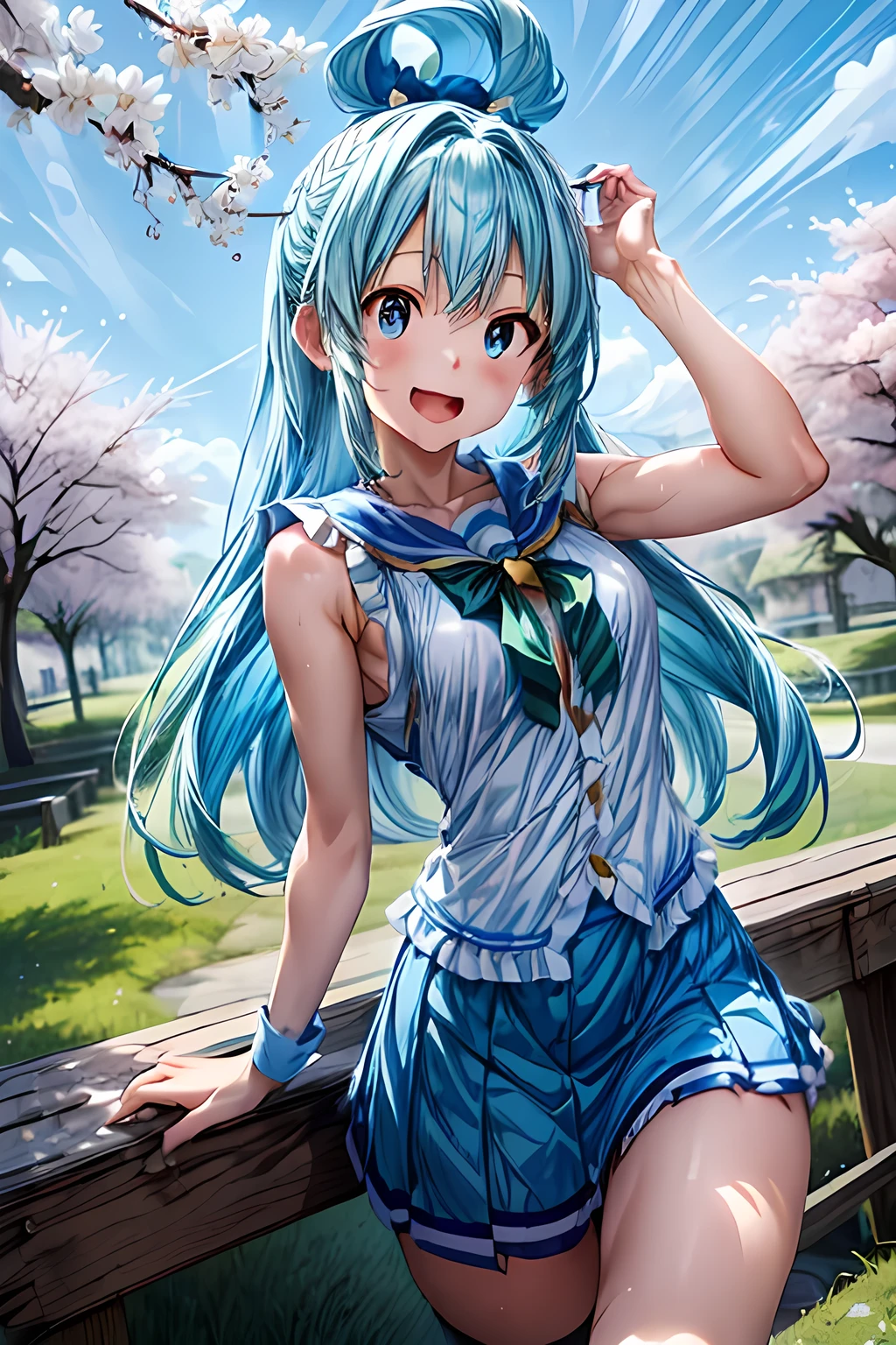 (( best quality )), ((Masterpiece)),Front view shot of the representative anime 、 konosuba、Goddess Aqua、Front shot of Goddess Aqua、 beautiful light blue eyes 、 single shot 、１５  girl、Young Face、Laugh out loud 、 large saggy breasts、(Close-up of face:1.2)、 (  blue sleeveless vest 、 short blue skirt 、 yellow-green ribbon on chest 、 Light Blue Hair、 Long Hair 、 large round accessory barrette、Not wearing underwear ),  viewing cherry blossoms in a large row of cherry blossom trees 、