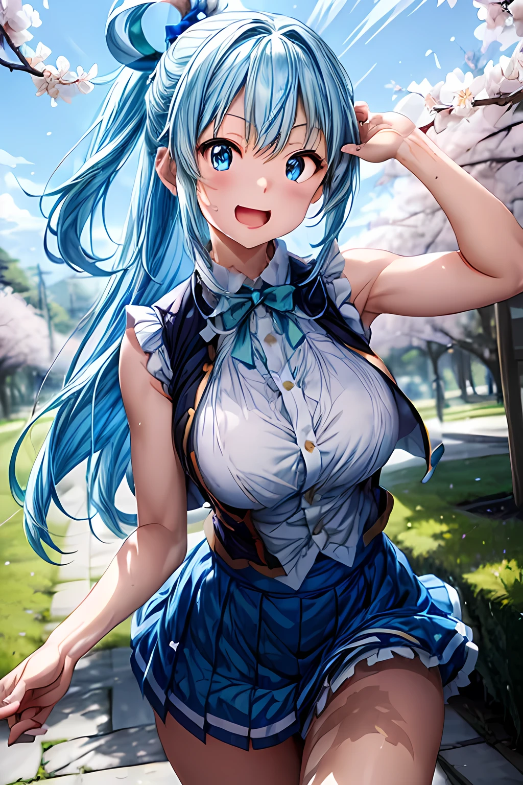 (( best quality )), ((Masterpiece)),Front view shot of the representative anime 、 konosuba、Goddess Aqua、Front shot of Goddess Aqua、 beautiful light blue eyes 、Mean Eyes、 single shot 、１５  girl、Young Face、Mean face、Hold back the laughing 、 large saggy breasts、(Close-up of face:1.5)、 ( sleeveless、Blue vest、 short blue skirt 、 yellow-green ribbon on chest 、 Light Blue Hair、 Long Hair 、 large round accessory barrette、Not wearing underwear ),  viewing cherry blossoms in a large row of cherry blossom trees 、 hold down the skirt with both hands