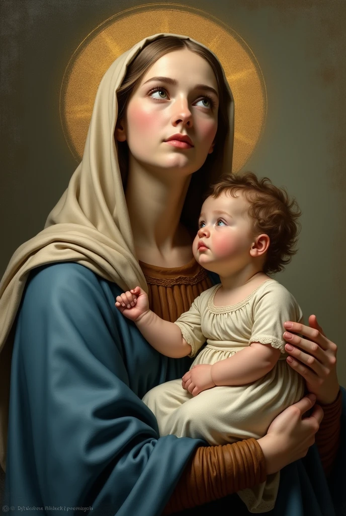 Image of a nun in black robes holding a baby in the ruins, With Jesus, jayson tatum as Mother mary, Catholic religious art, majestic holy girl, holy, author:Laszlo Barlow, Mother sarah artist, holy girl, Art Jem and William Bouguereau, Mother, Holy Mother Mary, holy girls, author:John Lagata
