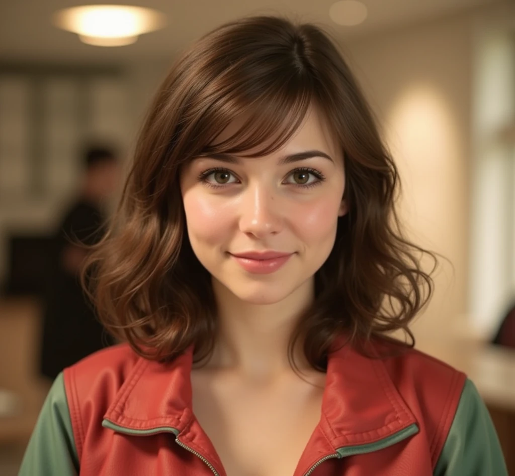 a young woman with brown hair, wearing a red jacket, 20 years old, realistic portrait, attractive girl, european girlfriend, russian girlfriend, cute face, bangs, detailed facial features, beautiful eyes, anastasia cebulska, dasha taran, Angelina Danilova, high quality, photorealistic, cinematic lighting, detailed skin, intricate hairstyle, warm color tones, portrait, 90's