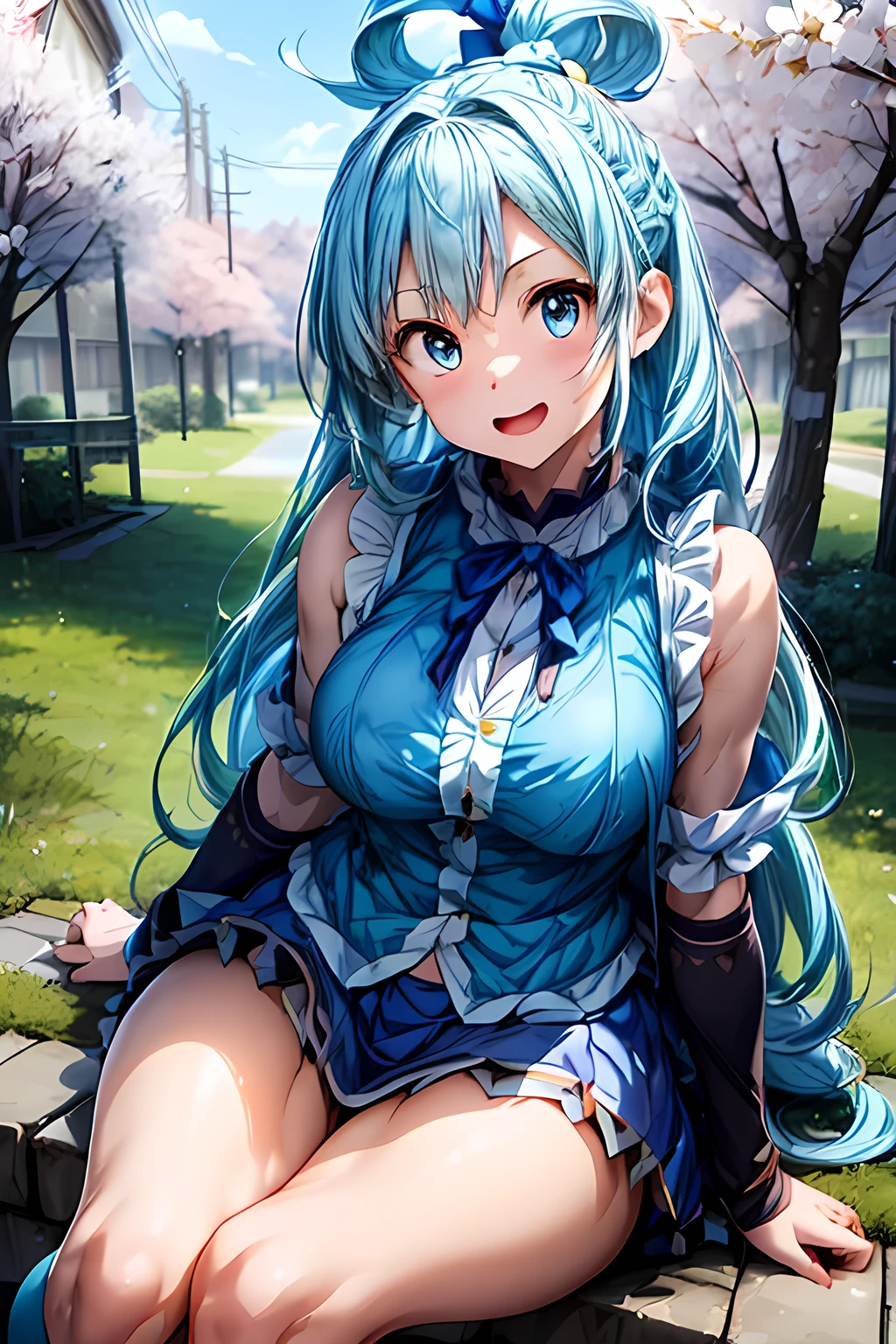 (( best quality )), ((Masterpiece)),Front view shot of the representative anime 、 konosuba、Goddess Aqua、Front shot of Goddess Aqua、 beautiful light blue eyes 、 single shot 、 beautiful skin、１５  girl、Young Face、Mean face、Hold back the laughing 、 large saggy breasts、Thick thighs、(Close-up of face:1.5)、 ( sleeveless、Blue vest、 short blue skirt 、 yellow-green ribbon on chest 、 Light Blue Hair、 Long Hair 、 large round accessory barrettes、Not wearing underwear ),  viewing cherry blossoms in a large row of cherry blossom trees 、Sit on the ground