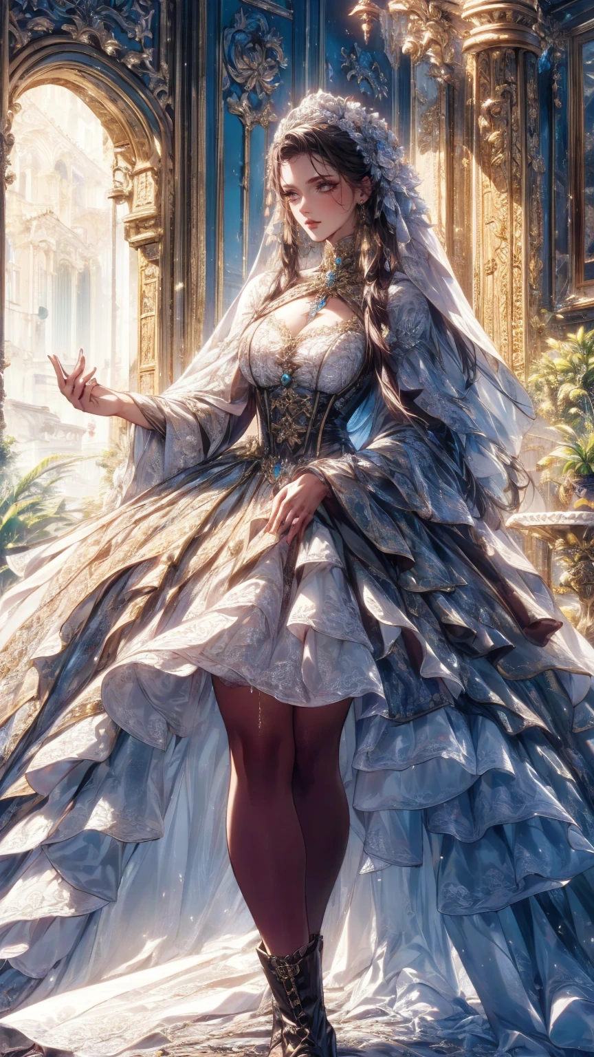 Head to foot in composition  、  full body view、,(  Highly Detailed Eyes,  very detailed face), (  realistic ,  high definition ), (  Top Quality :1.4), (  Top Quality ), 5, Midea,  1 girl ,A woman in a dress and boots is standing in front of a building, Baroque Dress, in detailed steampunk dress, an elegant gothic princess, victorian gothic ****ta fashion, Historical Baroque Dress Dark, black gothic ****ta dress, fantasy style clothing, rococo dress, black rococo, classical witch, fantasy outfit, wearing a gothic dress, romantic dress, gothic dress