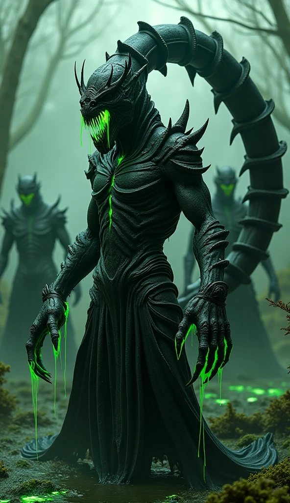 Make an alien race, as if he were a zombie, with futuristic clothes and equipment. an old and necrotic witch. your skin is green and rotten.