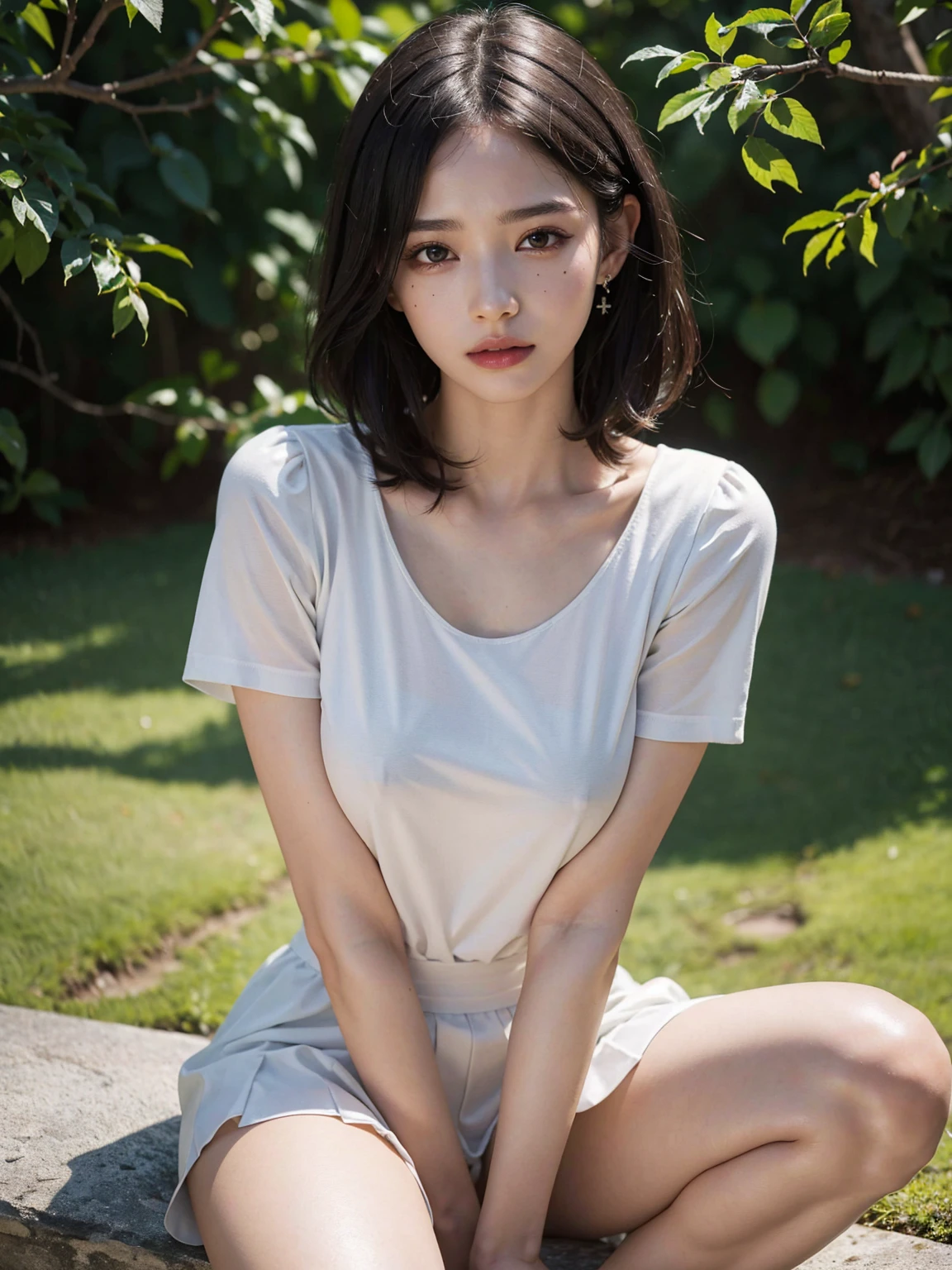 8k, Raw photo, highest quality, masterpiece:1.2), masterpiece, highest quality, figure, Very detailed, Fine details, High resolution, 8k,wallpaper, Perfect dynamic composition,(Detailed high quality, Realistic depiction of eyes:1.3)、A woman who has been and has her hands tied、Arms wrapped around his back、Crouching with legs apart on a forest path、knees apart、White panties are visible、Facing forward、21talent、Beauty、Well-formed face、Make your eyes even、Beautiful black hair、Has bangedium build、Well-balanced proportions、Beautiful legs、Short sleeve blouse、Long skirt、Sad face、Beautiful scenery、