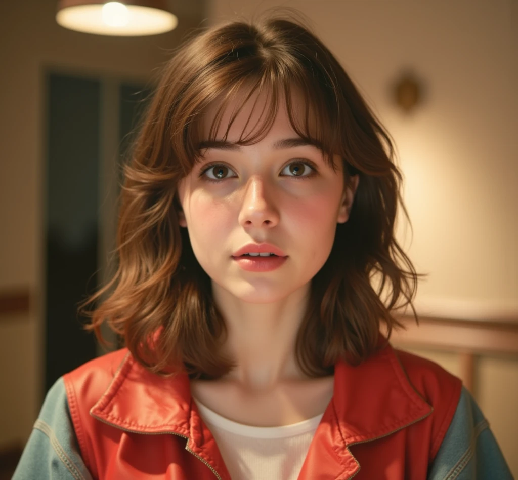 a young woman with brown hair, wearing a red jacket, 20 years old, realistic portrait, attractive girl, european girlfriend, russian girlfriend, cute face, bangs, detailed facial features, beautiful eyes, anastasia cebulska, dasha taran, Angelina Danilova, high quality, photorealistic, cinematic lighting, detailed skin, intricate hairstyle, warm color tones, portrait, 90's