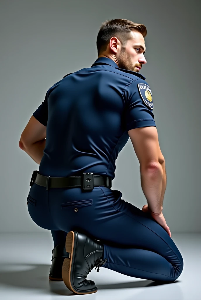 ((best quality)), ((masterpiece)), (detailed), perfect face, attractive man, 20 years old, short red hair, cute jock, full body, bodybuilder, police uniform scattered on the floor, tough guy face, sitting on police car, long and smooth penile shaft and glans, sitting on front part of car, slutty policeman, cocky smirk, showing rock hard penis