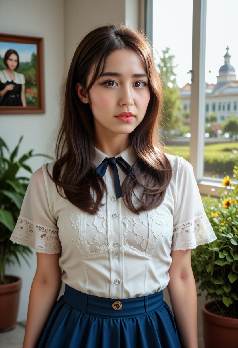 8K、Detailed Description、Very high definition、Realistic、reality的、Real、live-action、reality、High resolution、Nogizaka46、japanese idol,beautiful girl、21 years old、Dark brown eyes、Standing on the windowsill、Angle from the side、profile、Turn your body towards the window、Looking at the window、Look outwards、Looking out the window、A face is reflected in the window、A melancholic look、Mouth closed、Long Hair、Headband、Knee-up-top angle of view、School、Standing by the window、Short sleeve shirt、Beige plaid skirt、Very black hair、pretty girl、Beauty、Glowing Skin、Glowing Skin、Shiny Hair、Very white skin、Heavy makeup、Large Breasts、Slit eyes、Big Eyes、Double eyelids、Don't show your teeth、Side view angle、
