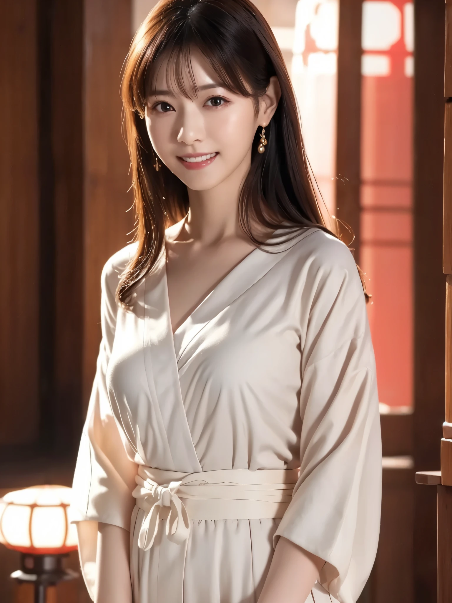 ( chest close-up:1.3)、 top quality、 ultra high definition、(Photographically: 1.3)、 beautiful eyes、 very beautiful、 shiny hair 、(40歳,Mature and elegant:1.5)、(smile:1.4)、kawaii miko girl, wearing japanese white clothes,red hakama, in a Japanese shrine, 45 angle by krenz cushart and Mucha, golden hour lighting, strong rim light, intense shadows)