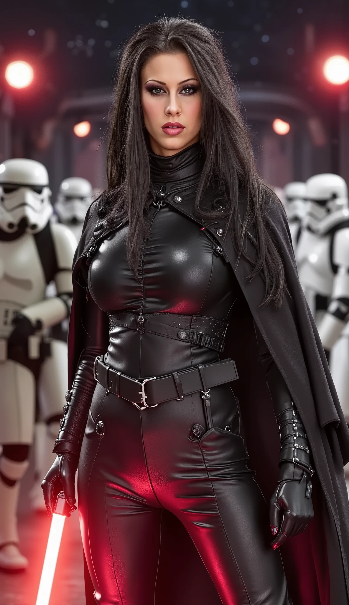 Bebahan as a Mara Jade Skywalker with perfect eyes with long black hair, dressed in tight leather turtleneck combat outfit with pauldrons, using a red lightsaber, a hooded cape, strong seductive makeup, bedroom eyes, evil smirk, arrogant smirk, cinematic lighting, photorealism, background: on a sci-fi battelfield with a legion of stormtroopers standing shoulder to shoulder far behind her, blurry background, night time with stars, dark blurry background with red glow, 