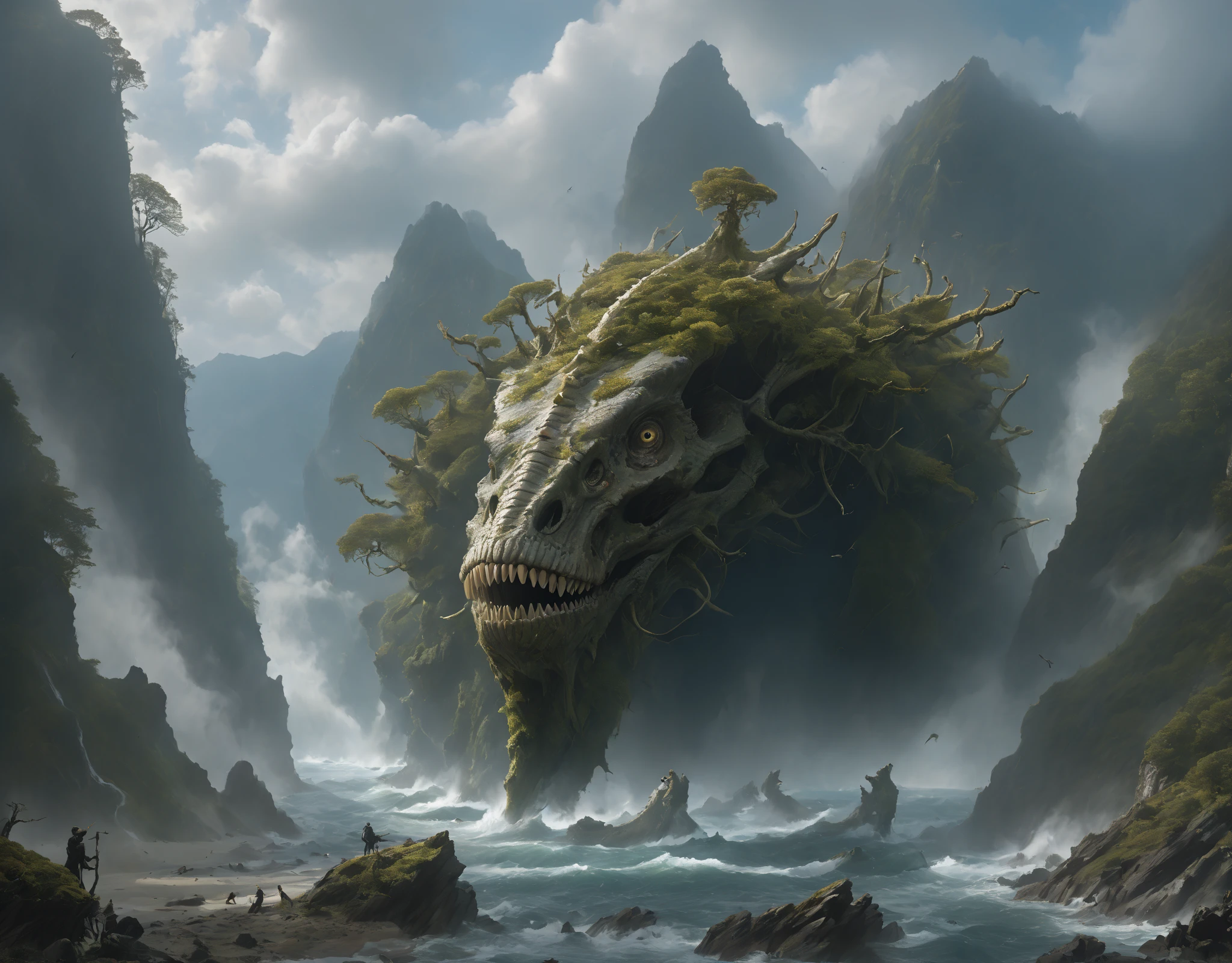  ( A huge cedar on a green mountain top  ), (( aerial view of a whirlpool in the water  )), ( the bones of several huge creatures several huge creatures one after another higher and higher, and in front of them, a ship :1.4), (right behind the mountains ,  the huge skeleton of a sea serpent of a huge Leviathan towers above the mountains against the background of :1.5) , ( Leviathan is a sea serpent with fins on its head in the water :1.3), ( in the center high ledges on both sides of the sea  ,  mountain rift from below which you can see a huge toothy mouth covered with moss and trees , the bones of the ribs of a huge ancient creature :1.6) , (behind them, in the center of the bone of a huge snake-like creature covered with trees and moss, flowing into the clouds above the mountains with lots of extinct eyes and waterfalls pouring out of its huge petrified moss-covered mouth:1.5),   view from above and from afar  , ( on the left, a sailboat or a beautiful galleon swims through the crevice between the black rocks :1.4),   in the distance high black mountains with snowy peaks   ,  goes into the clouds    ,   scaly moss grows on top    , lots of air      , cliff, the waves of the sea are raging    , ( masterpiece fails), ( very detailed image), ( High quality ), (extremely high resolution ), Night, storm,   the wind tears the sails ,        the sky before the thunderstorm      ,       light through the clouds       .       reflections in water      .       The Abyss of the Dark Sea     , (  silver jacket of the highest quality ,   masterpiece fails ), , 4K, concept art, fantasy, blue tones,      very detailed oil painting     .      aerial view from afar    , ( style is dominated by contrasting gray and blue colors:1.3), (Greg Rutkowski's :1.3), (стиль Greg Rutkowski), cool blue tones .


