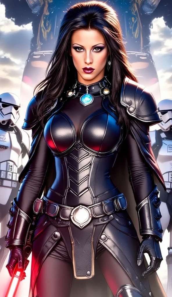 Bebahan as a Mara Jade Skywalker with perfect eyes with long black hair, dressed in tight leather turtleneck combat outfit with pauldrons, using a red lightsaber, a hooded cape, strong seductive makeup, bedroom eyes, evil smirk, arrogant smirk, cinematic lighting, photorealism, background: on a sci-fi battelfield with a legion of stormtroopers standing shoulder to shoulder far behind her, blurry background, night time with stars, dark blurry background with red glow, 