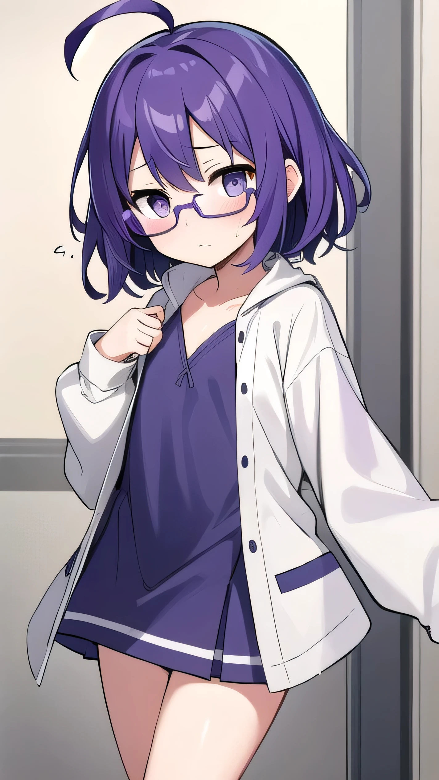 Anime girl with purple hair and glasses in a white jacket - SeaArt AI