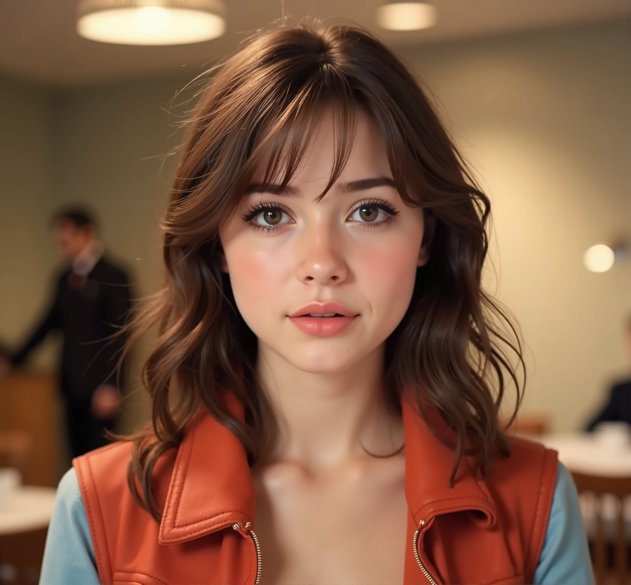 a young woman with brown hair, wearing a red jacket, 20 years old, realistic portrait, attractive girl, european girlfriend, russian girlfriend, cute face, bangs, detailed facial features, beautiful eyes, anastasia cebulska, dasha taran, Angelina Danilova, high quality, photorealistic, cinematic lighting, detailed skin, intricate hairstyle, warm color tones, portrait, 90's