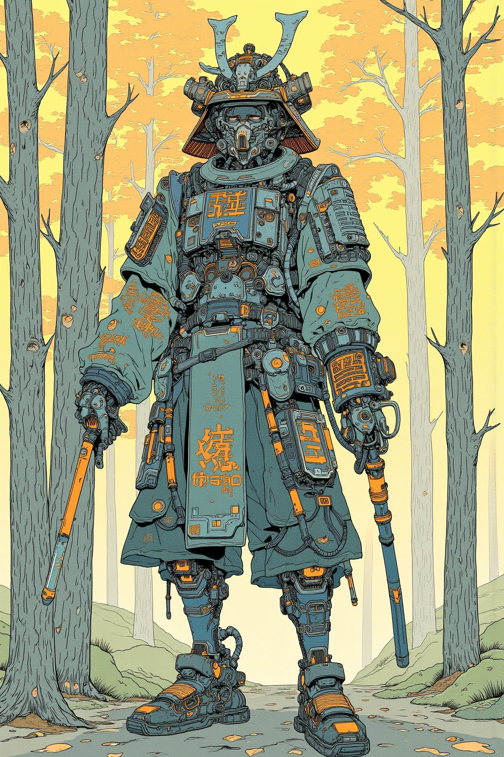 There is a picture of a cyberpunk samurai ,   this is a picture with super fine details inspired by Utagawa Kuniyoshi,  Ukiyo-e, Nichos  art aesthetic, Shiro Masamune style ,  Biomechanical Details ,  Hyper Detailed Illustration ,  a mixture of anime samurai and cyberpunk organic matter ,  detailed steampunk illustration, Nichos ,  detailed cyberpunk samurai animated illustration ,松の木