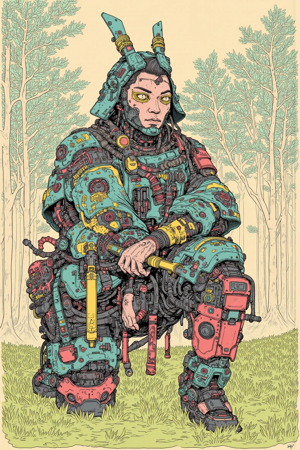 There is a picture of a cyberpunk samurai ,   this is a picture with super fine details inspired by Utagawa Kuniyoshi,  Ukiyo-e, Nichos  art aesthetic, Shiro Masamune style ,  Biomechanical Details ,  Hyper Detailed Illustration ,  a mixture of anime samurai and cyberpunk organic matter ,  detailed steampunk illustration, Nichos ,  detailed cyberpunk samurai animated illustration ,松の木