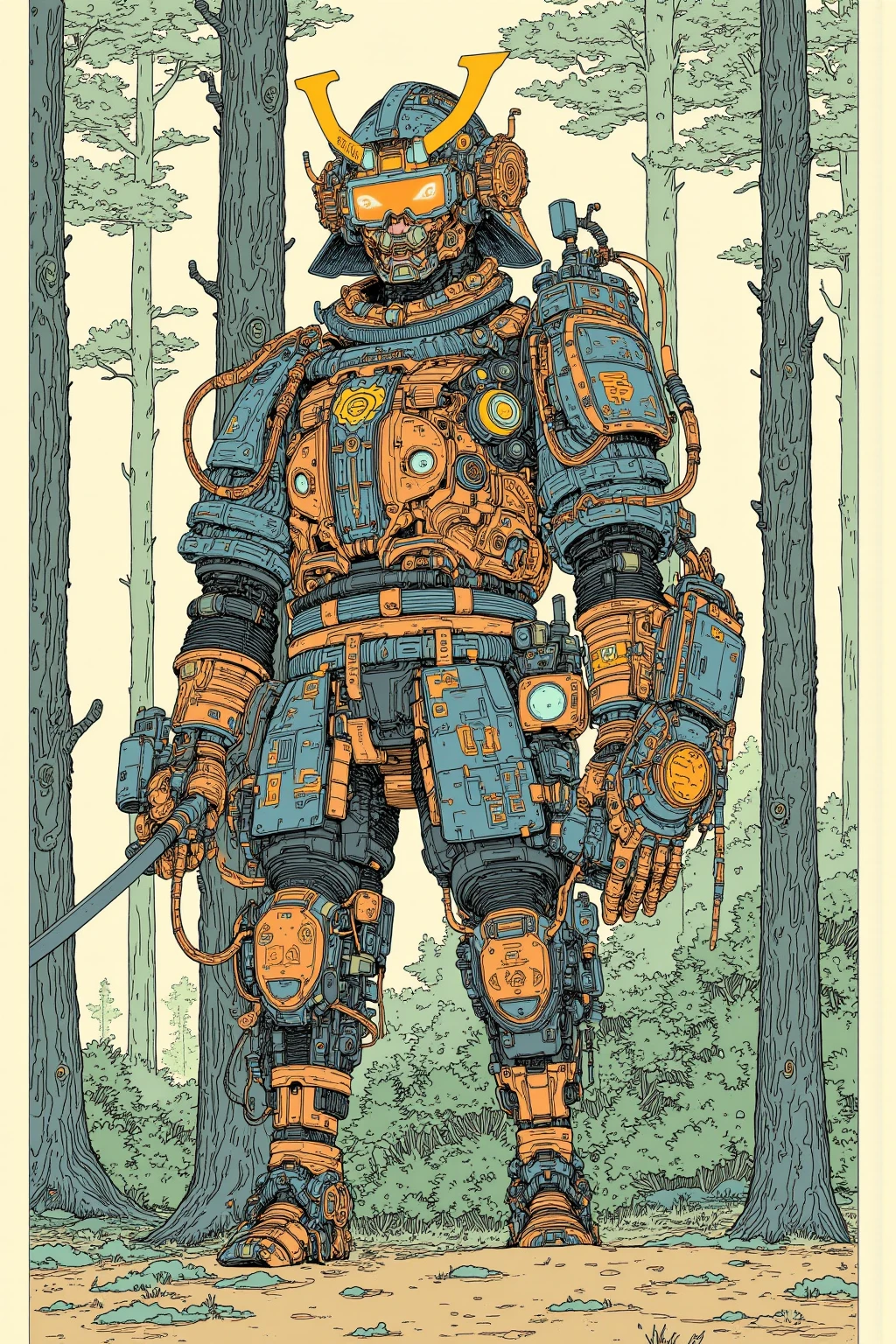 There is a picture of a cyberpunk samurai ,   this is a picture with super fine details inspired by Utagawa Kuniyoshi,  Ukiyo-e, Nichos  art aesthetic, Shiro Masamune style ,  Biomechanical Details ,  Hyper Detailed Illustration ,  a mixture of anime samurai and cyberpunk organic matter ,  detailed steampunk illustration, Nichos ,  detailed cyberpunk samurai animated illustration ,松の木