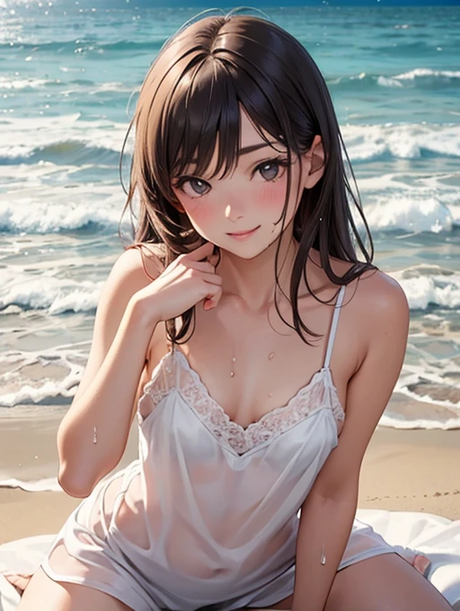 very cute and beautiful girl,(highly detailed beautiful face),camisole,cute ruffle petticoat,detailed legs,
(smile),happy,looking at viewer,black hair,beach,tropical resort,
(best quality,masterpiece),absurdres,highres,ultra-detailed,extremely detailed,32k,8k resolution,
intricate details,cinematic scene,detailed background,solo,dynamic angle,
natural lighting,hair fluttering in the wind,beautiful detailed sky,realistic,