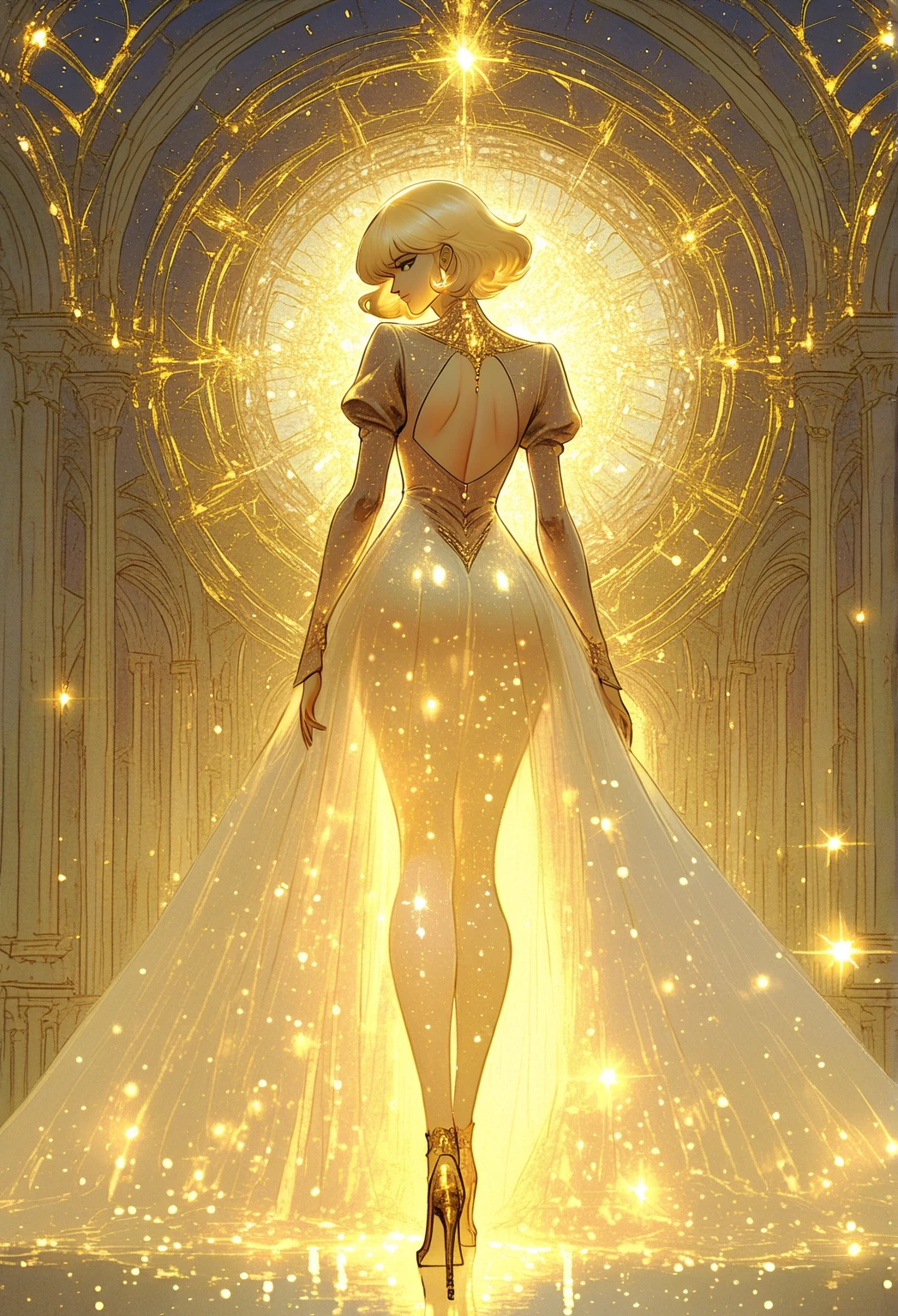  1980s anime style ,  gold theme, Shiny, The golden light shines down, Glowing particles, 1 Girl,  unique ,  blond hair , From the back,  Backless Dress, Gothic clothing,  heels, Look back at me,   masterpiece:1.2, Fantasy style illustration ,  Hand drawn outline  , watercolor anime ,  Ultra detailed drawing ,  romantic castle background ,  telephoto lens :1.2,