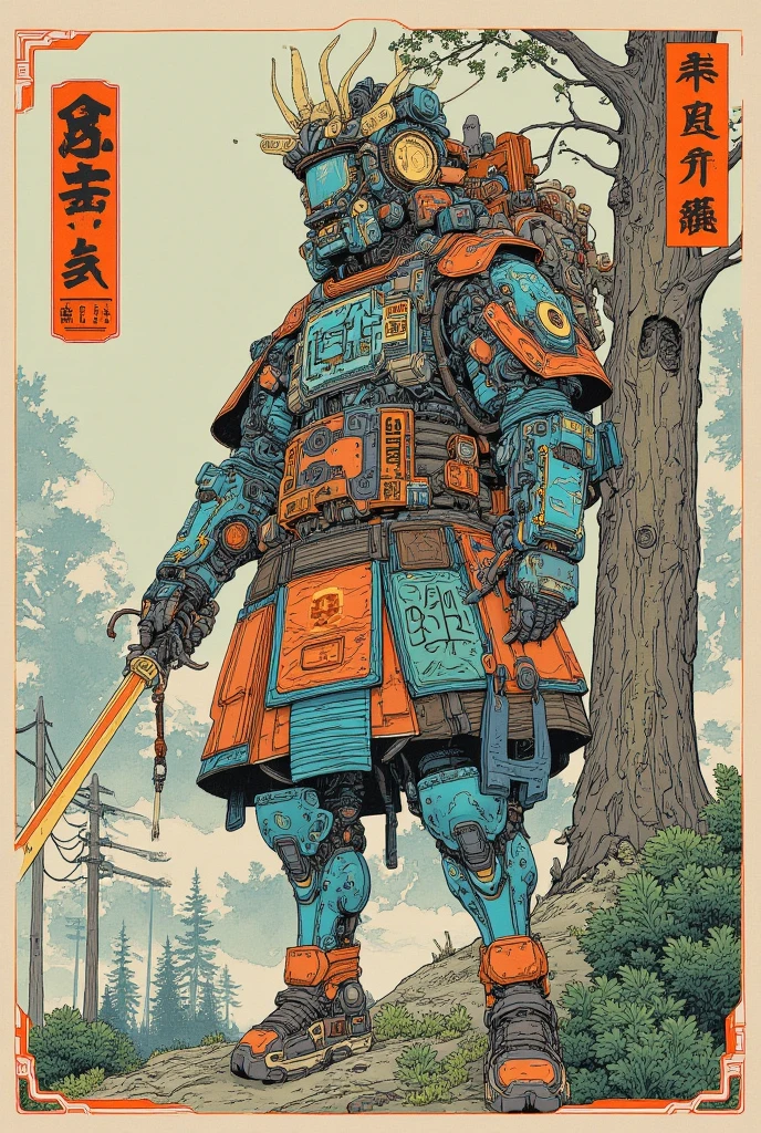 There is a picture of a cyberpunk samurai ,   this is a picture with super fine details inspired by Utagawa Kuniyoshi,  ukiyo-e, niches  art aesthetic, Shiro Masamune style ,  Biomechanical Details ,  Hyper Detailed Illustration ,  a mixture of anime samurai and cyberpunk organic matter ,  detailed steampunk illustration, niches ,  detailed cyberpunk samurai animated illustration ,pine tree,Woodland