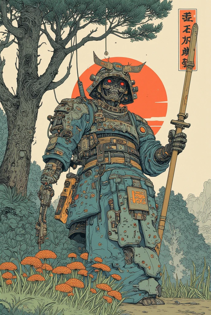 There is a picture of a cyberpunk samurai ,   this is a picture with super fine details inspired by Utagawa Kuniyoshi,  ukiyo-e, niches  art aesthetic, Shiro Masamune style ,  Biomechanical Details ,  Hyper Detailed Illustration ,  a mixture of anime samurai and cyberpunk organic matter ,  detailed steampunk illustration, niches ,  detailed cyberpunk samurai animated illustration ,pine tree,Woodland