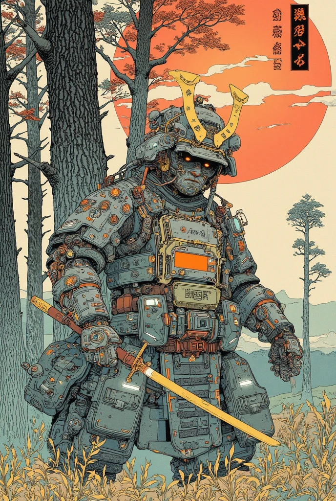 There is a picture of a cyberpunk samurai ,   this is a picture with super fine details inspired by Utagawa Kuniyoshi,  ukiyo-e, niches  art aesthetic, Shiro Masamune style ,  Biomechanical Details ,  Hyper Detailed Illustration ,  a mixture of anime samurai and cyberpunk organic matter ,  detailed steampunk illustration, niches ,  detailed cyberpunk samurai animated illustration ,pine tree,Woodland