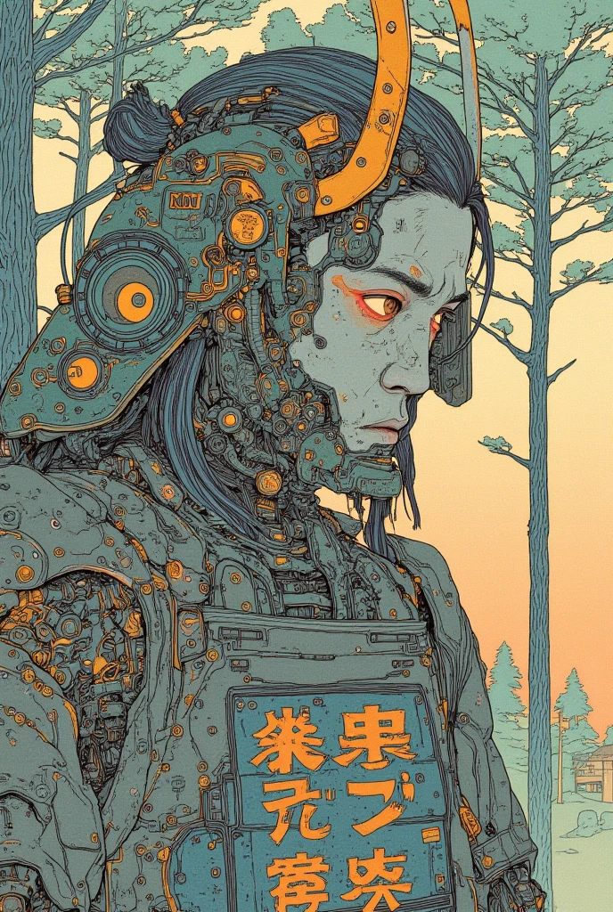 There is a picture of a cyberpunk samurai ,   this is a picture with super fine details inspired by Utagawa Kuniyoshi,  Ukiyo-e, Nichos  art aesthetic, Shiro Masamune style ,  Biomechanical Details ,  Hyper Detailed Illustration ,  a mixture of anime samurai and cyberpunk organic matter ,  detailed steampunk illustration, Nichos ,  detailed cyberpunk samurai animated illustration ,松の木