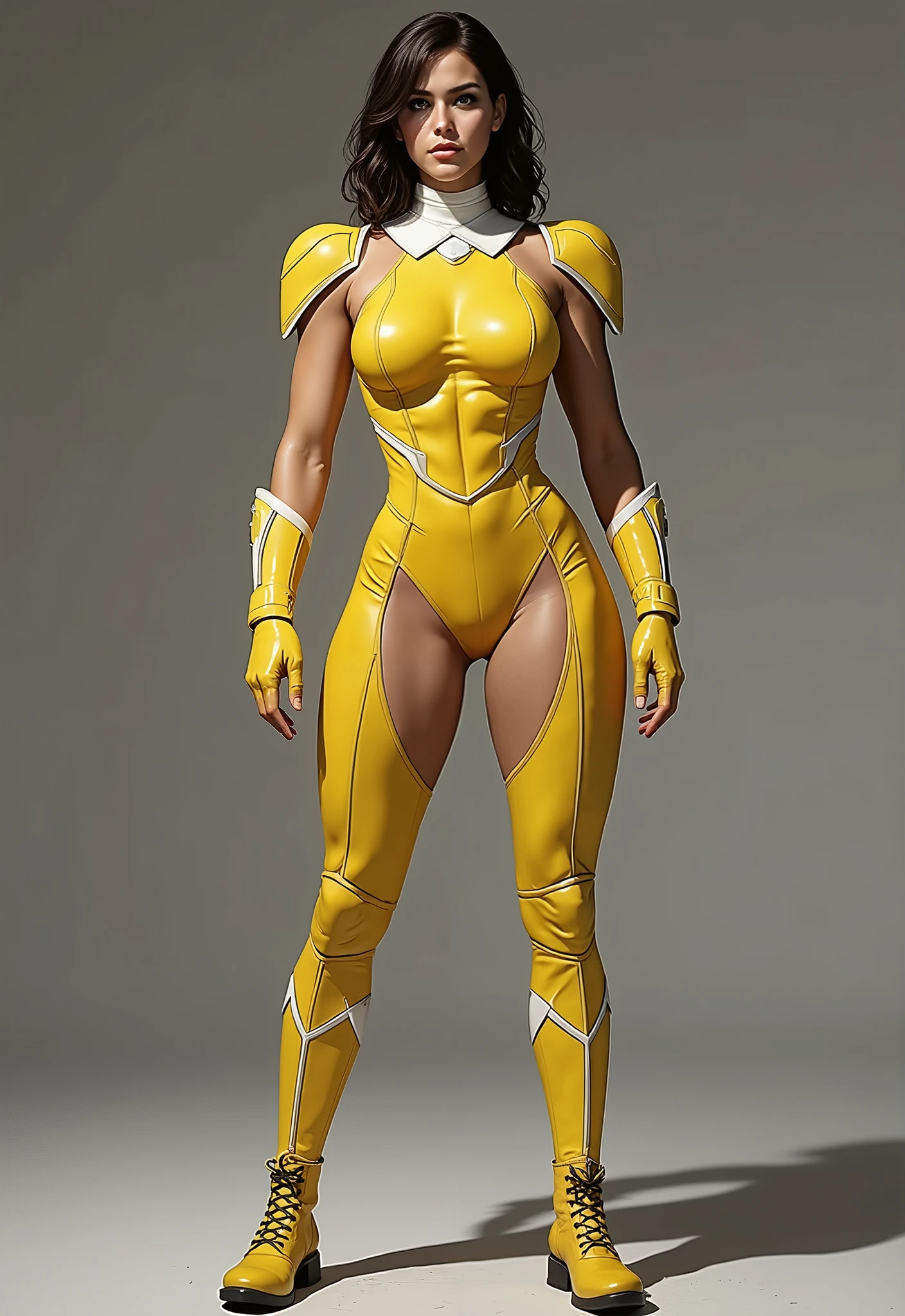  1 girl, high res, very big breasts、Very thin body、200 cm、masterpiece, whole body、 combat bodysuit (Power Rangers Yellow)、 long boots